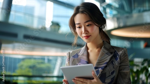 Effortlessly blending corporate finesse with modern technology, she navigates the bustling office lobby, tablet in hand, a symbol of her professional prowess amidst towering skyscrapers. 