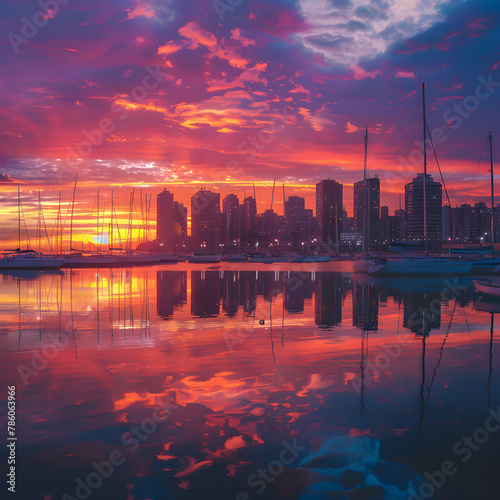 Mesmerizing Twilight Serenity: Coastal Cityscape Under a Spectacular Sunset