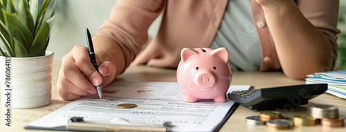 a businesswoman's hand delicately inserting a small coin into a pink piggy bank on a home desk, reflecting her private financial decisions and focused study of investment concepts.