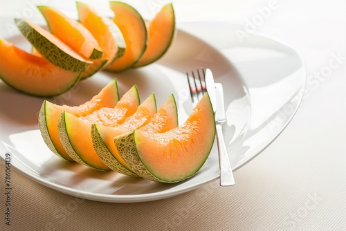 Ripe fresh cantaloupe slices on white plate