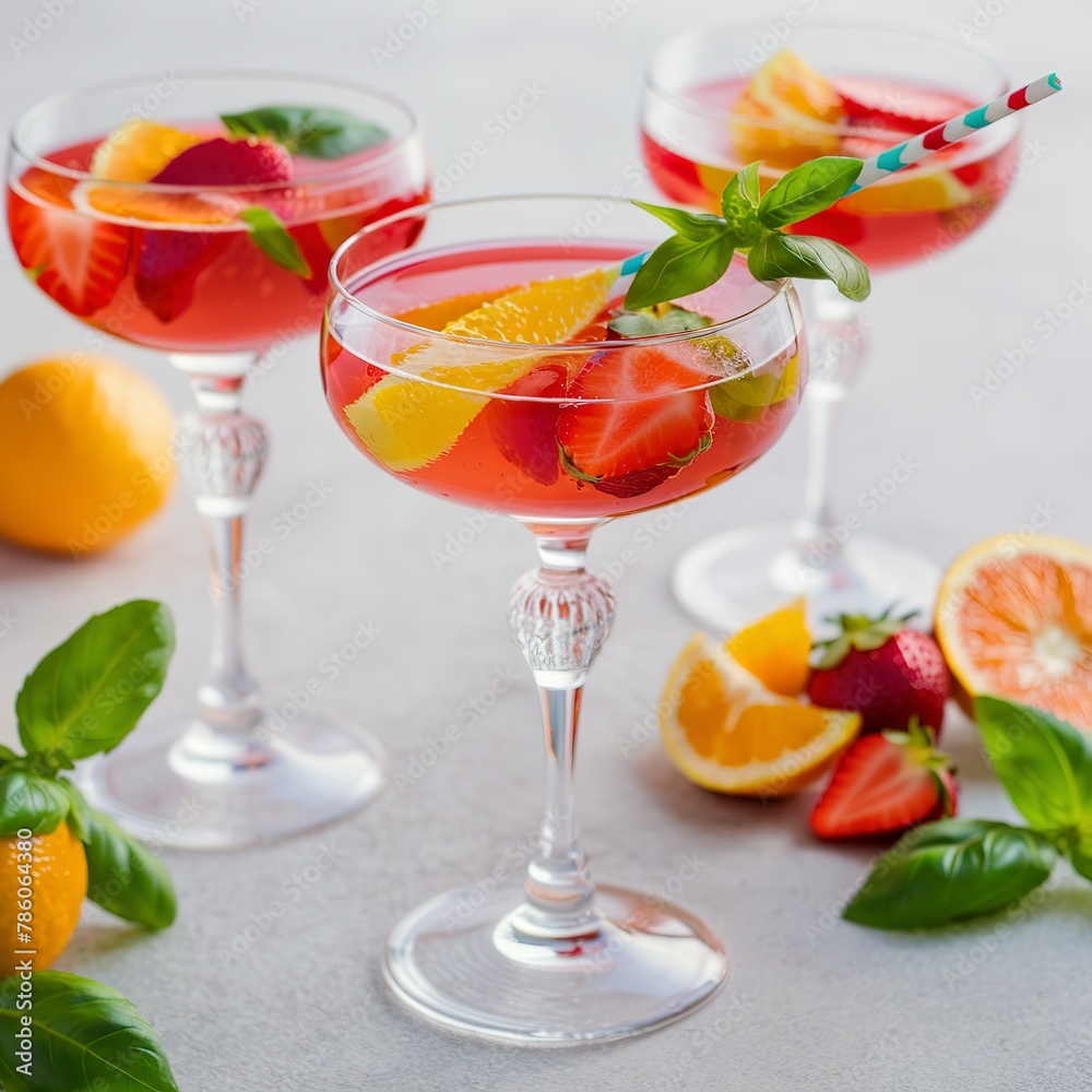 Strawberry, orange and basil sparkling punch, spring cocktail