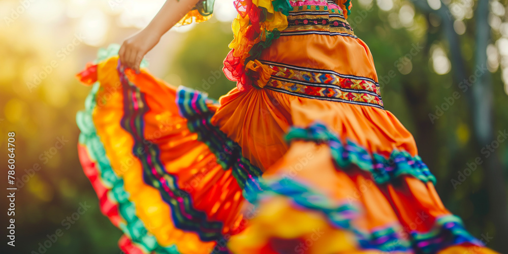 Swirl of Tradition: Close-Up of Colorful Mexican Folkloric Dance Dress in Motion Swirl of Tradition: Close-Up of Colorful Mexican Folkloric Dance Dress in Motion