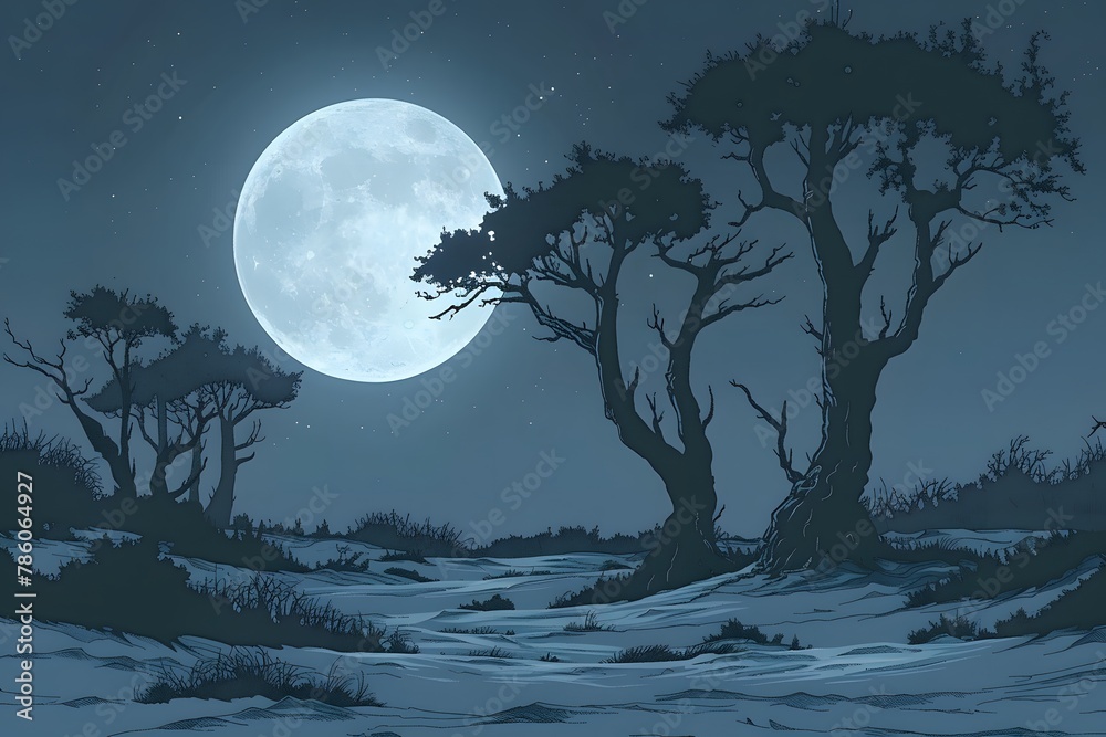 Snowy Landscape With Trees and Full Moon. Generative AI