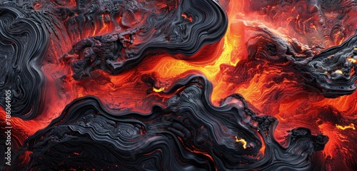 A surreal depiction of lava flowing beneath a glassy surface, with vibrant reds and oranges shining through. The texture of the lava is smooth and glossy, indicating its high temperature and fluidity. photo