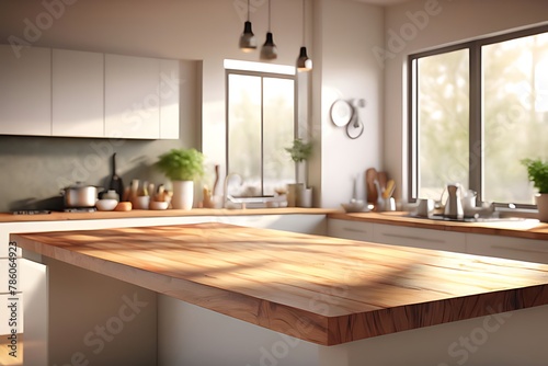 A blurred contemporary kitchen interior with light wood cabinets and a counter