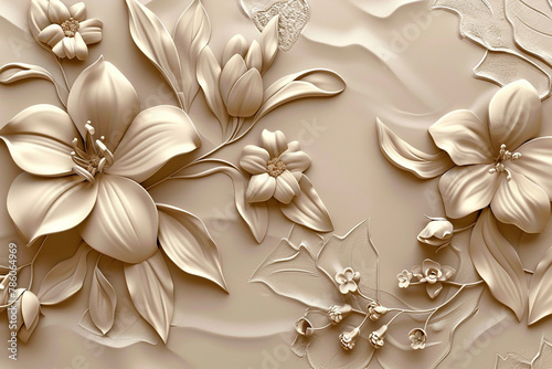 3D Flex Wallpaper, beige background with Flower embossing, zed sign adv, Wallpaper background, 3D Background, Mural Wallpaper photo