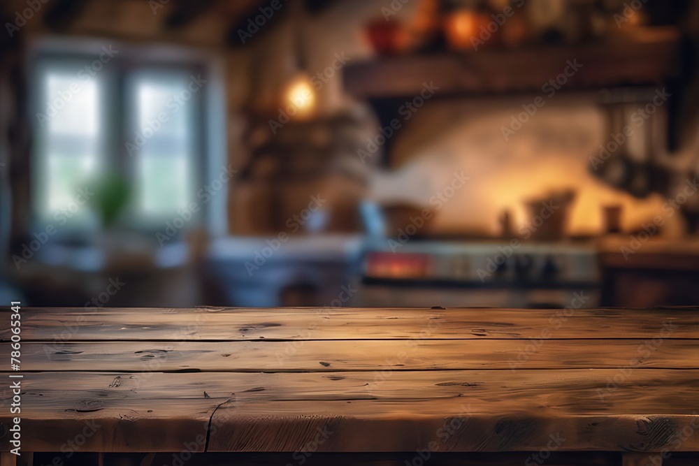 A blurred contemporary kitchen interior with light wood cabinets and a counter A blurred contemporary kitchen interior with light wood cabinets and a counter