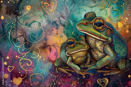 Romantic Frogs in Celestial Embrace Amidst Hearts