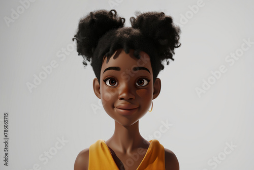 Slightly smiling African cartoon character young woman female person wearing orange top in 3d style design on light background. Human people feelings expression concept