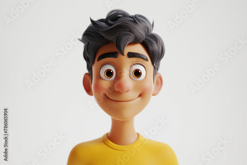 Smiling handsome Indian cartoon character adult man male person portrait with black hair in 3d style design on light background. Human people feelings expression concept