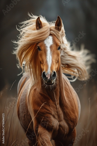 A majestic wild horse with a flowing mane, photo realistic in the style of macro photography, close up, motion blur, high speed shutter, dynamic pose, national geographic style