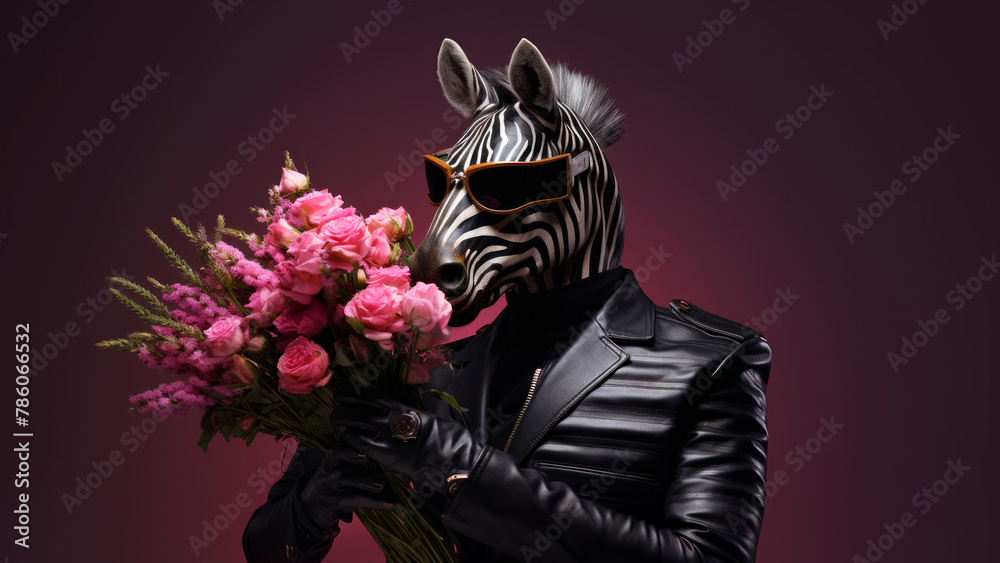 Fototapeta premium Anthropomorphic hyperrealistic cyberpunk zebra male character wearing black leather jacket holding bouquet of pink flowers on minimal dark background. Modern pop art illustration
