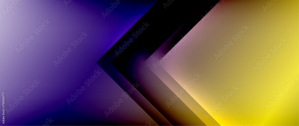 A vibrant abstract background blends shades of purple, electric blue, and magenta with contrasting yellow and black arrows creating an intriguing pattern in darkness