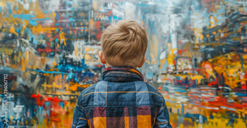 A young boy is looking at a painting of a city
