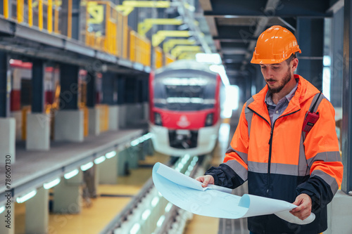 The engineer is captured in the dynamic environment of a train and railway garage, immersed in the meticulous tasks of maintenance, repair, or inspection. 