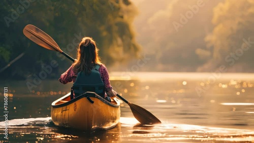 Young woman canoe or kayak adventure in nature. 