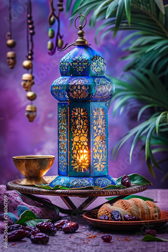 Islamic background, Gift box, lantern, gold crescent moon on white. Design concept of ramadan kareem, mawlid, iftar,isra and miraj or eid al fitr adha, copy space text area, 3D illustration