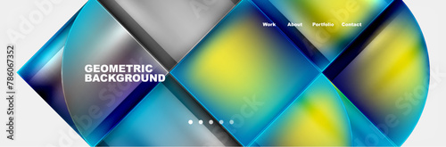 A geometric background featuring a pattern of aqua squares forming a circle on a white backdrop. The design includes tints and shades of electric blue, creating a symmetrical and eyecatching display