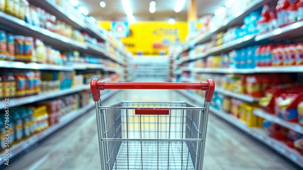 In the forefront, an idle shopping cart with vibrant red handles awaits purpose. Behind, a blurred aisle teases with countless options, embodying the endless array of consumer choices and abundance.
In the forefront, an idle shopping cart with vibrant red handles awaits purpose. Behind, a blurred aisle teases with countless options, embodying the endless array of consumer choices and abundance.