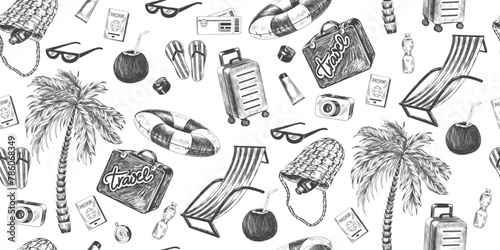 Summer seamless pattern with design elements for sea travel. Sketch style background with palm tree, beach bag, sun lounger, lifebuoy, suitcase, camera, tickets, passport. Engraved illustrations