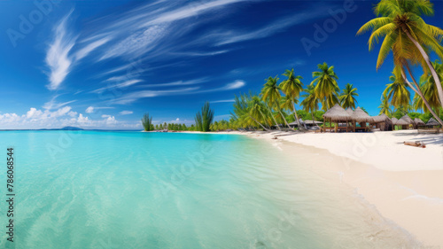 tropical beach in Maldives with few palm trees and blue lagoon