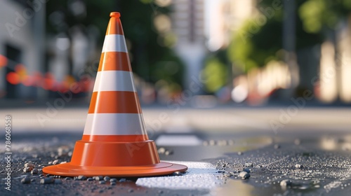 3D traffic cone symbol on rubber safety cone striped caution road block illustration.
