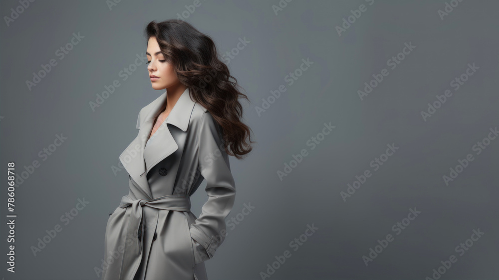 woman in grey coat on grey background. Copy space. woman in grey coat on grey background. Copy space.