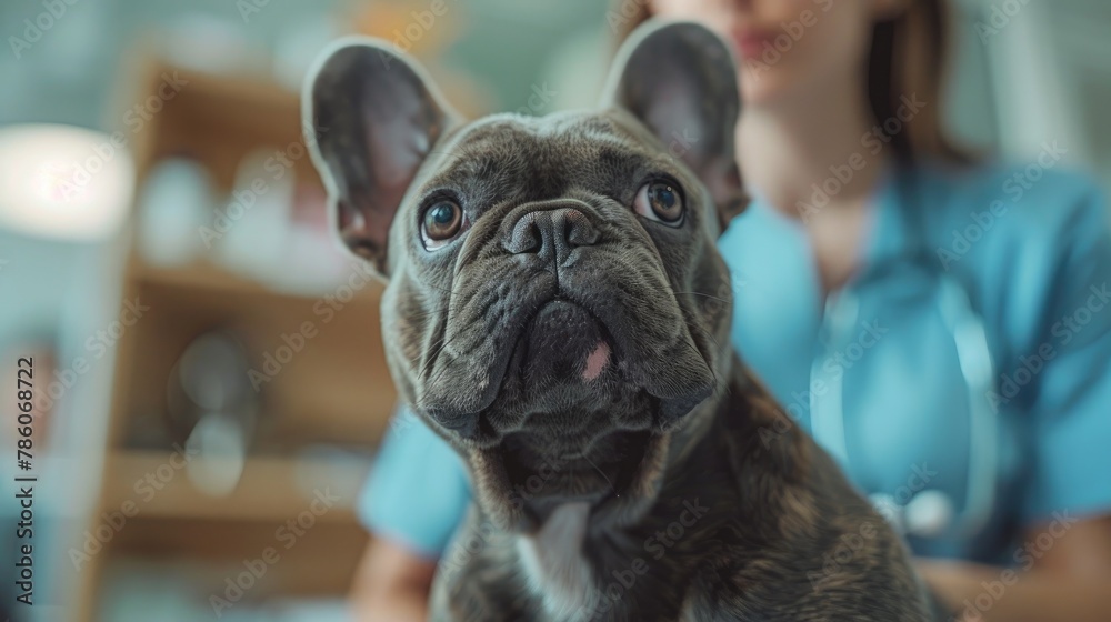 A young vet carefully examines an adorable French bulldog at a veterinary clinic