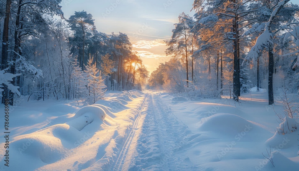Obraz premium Sunlight filtering through snowy trees on a forest road under a clear sky