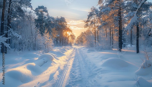 Sunlight filtering through snowy trees on a forest road under a clear sky © ЮРИЙ ПОЗДНИКОВ