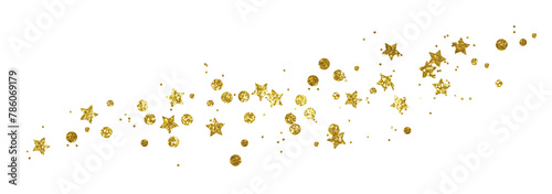 Golden glitter confetti and stars in a line arrangement isolated on white or transparent background