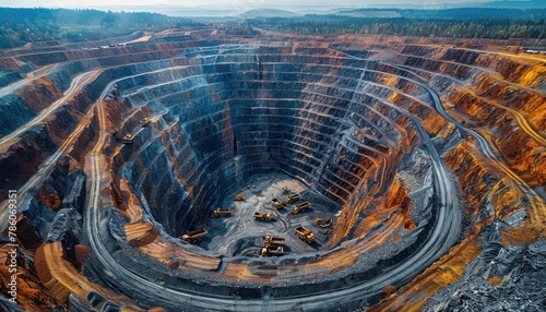 Aerial view of open pit mine with symmetrical patterns in natural landscape