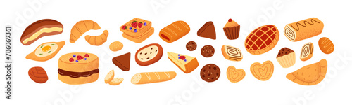 Different bakery products set. Puff pastry food, flour desserts. Fresh baked bread, crispy croissant, french bun, piece of cheesecake. Sweet waffles, cake. Flat isolated vector illustration on white