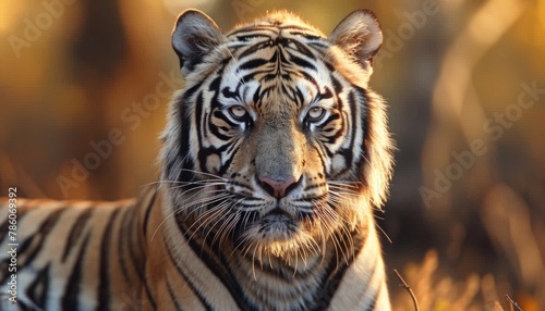 Bengal tiger in grass, staring at camera, iconic big cat