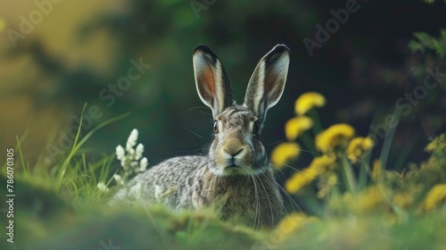 A grey hare with lengthy whiskers resting