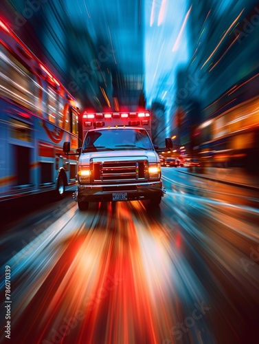 Fast-paced movement shot of a paramedic vehicle rushing to a crisis. photo