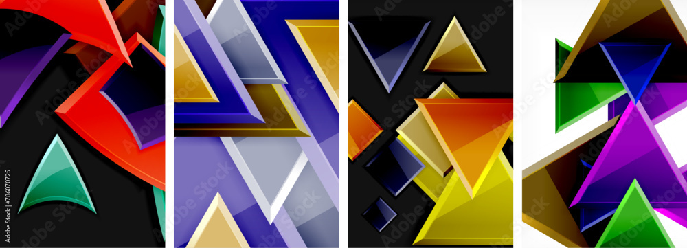 A visually striking collage featuring four triangles in different colors electric blue, red, yellow, and green set against a clean white background, showcasing symmetry and artistic flair A visually striking collage featuring four triangles in different colors electric blue, red, yellow, and green set against a clean white background, showcasing symmetry and artistic flair
