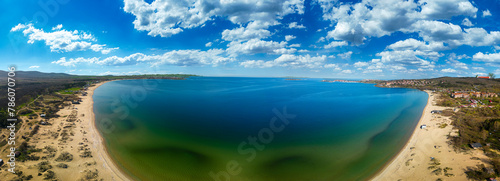 Amazing day aerial view.  Seascape of the rocks at the coastline of Chernomorets, Burgas region, Bulgaria. The beautiful beach of the black sea captured by the air in the summer. photo