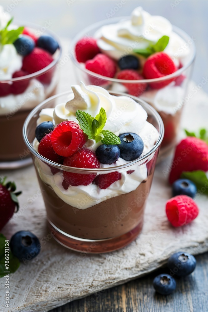 Chocolate pudding dessert with fresh berries and whipped cream Chocolate pudding dessert with fresh berries and whipped cream