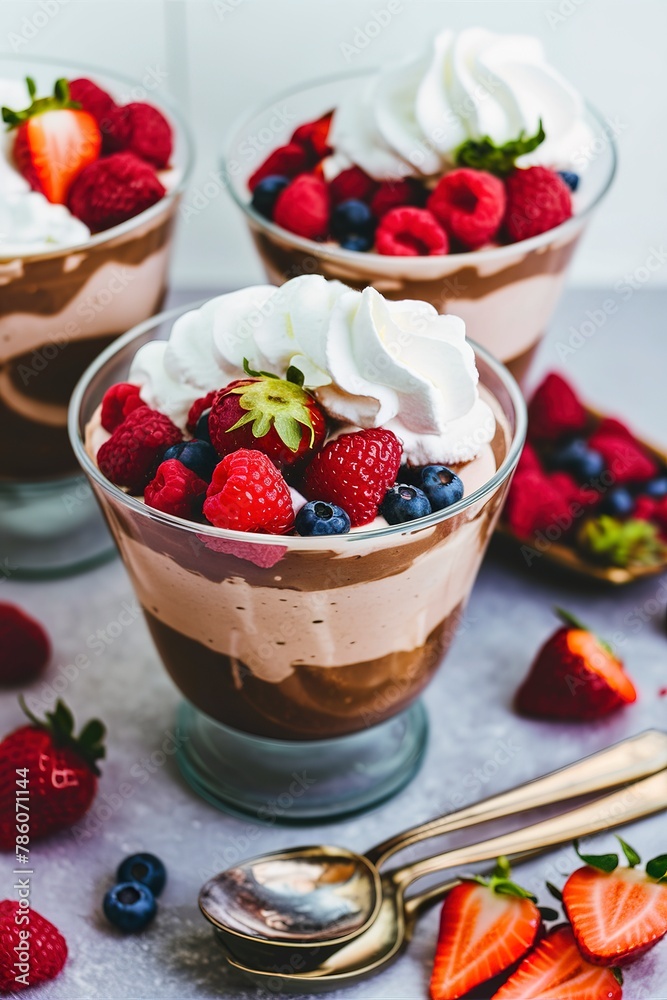 Chocolate pudding dessert with fresh berries and whipped cream Chocolate pudding dessert with fresh berries and whipped cream
