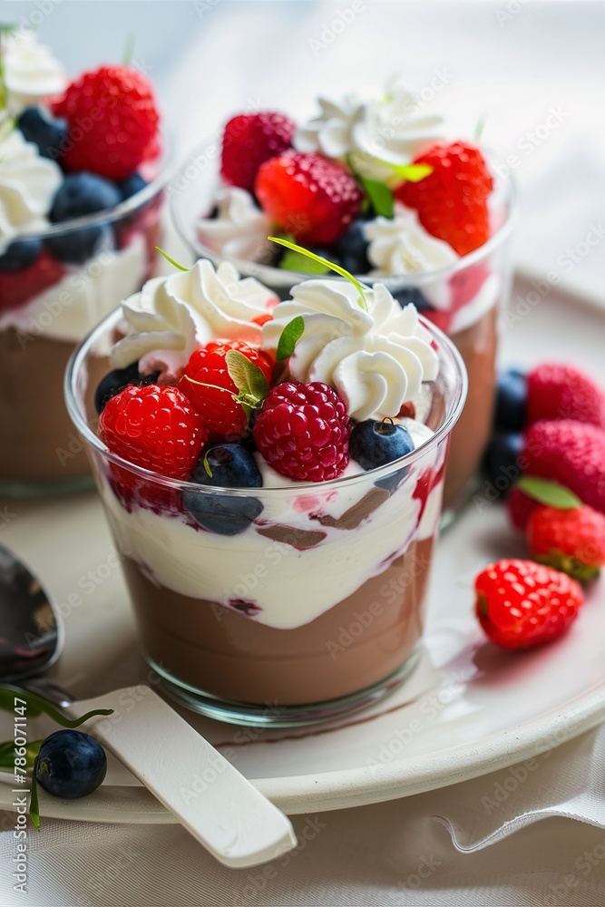Chocolate pudding dessert with fresh berries and whipped cream Chocolate pudding dessert with fresh berries and whipped cream