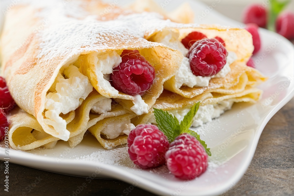 Crepes filled with cottage cheese and raspberry for breakfast
