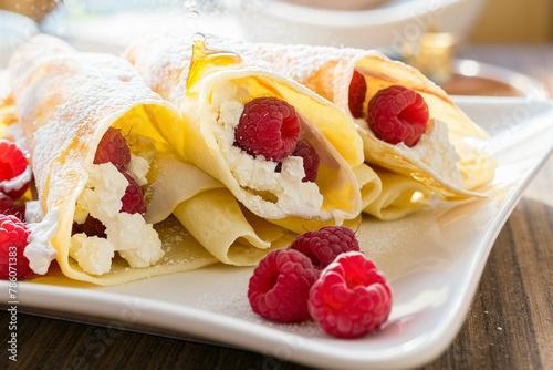 Crepes filled with cottage cheese and raspberry for breakfast