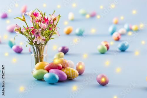 Easter colorful eggs on a blue background with spring flowers in a vase
