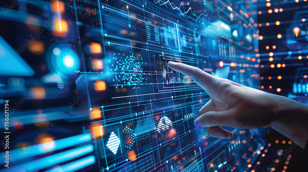 Close-up of a hand interacting with a futuristic transparent touchscreen with glowing data and graphs.
Close-up of a hand interacting with a futuristic transparent touchscreen with glowing data and graphs.
