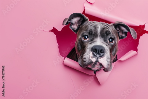 Curious American pitbull terrier dog peeking out from a torn hole of the pink paper background. Copy space. photo