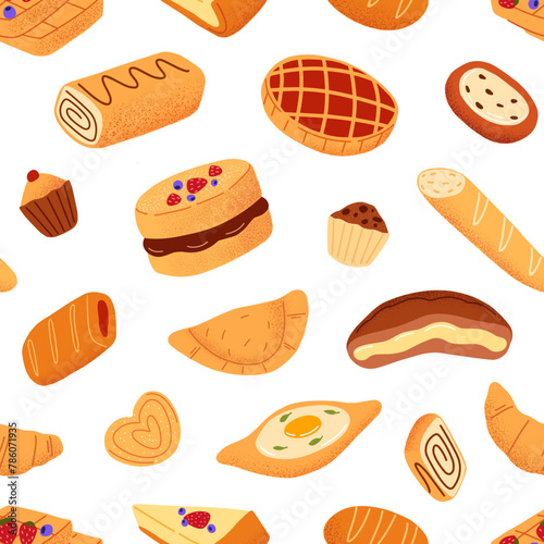 Backdrop with bakery, baked food, flour dessert. Repeatable pattern of fresh pastry- bread, cake, croissants, cupcakes. Endless background with bakehouse products. Flat seamless vector illustration