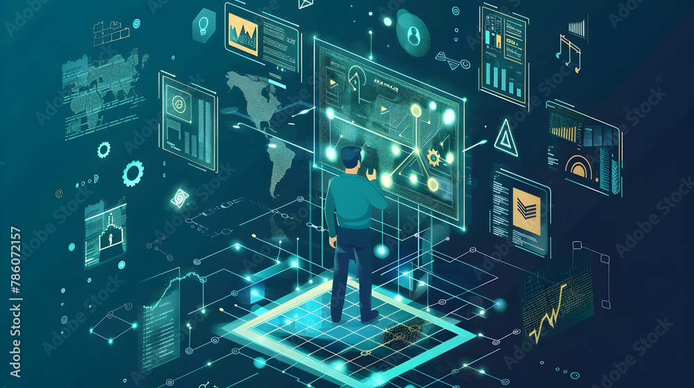 A person in virtual reality gear interacts with a complex holographic data interface in a digital space.
A person in virtual reality gear interacts with a complex holographic data interface in a digital space.