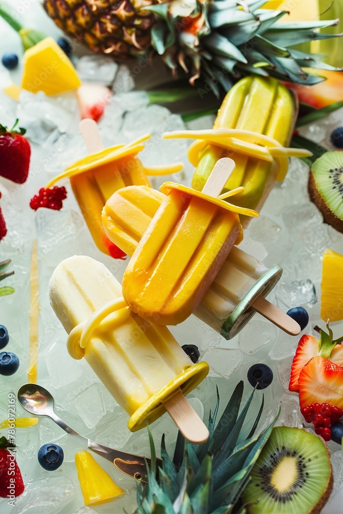 Mango banana popsicles on ice with fresh fruits and berries
