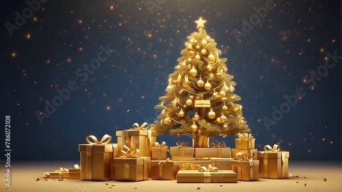 Christmas Tree Laden with Presents Underneath, Christmas Tree Adorned with Boxes of Joy, Golden Presents Nestled Beneath the Tree, Sparkling Christmas Tree with Gifts in Abundance,Glittering Christmas photo